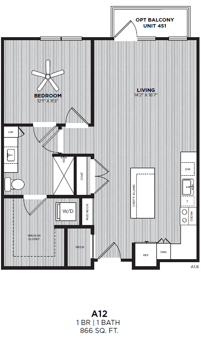 Floor plan for 1 bed, 1 bath, 866 sqft